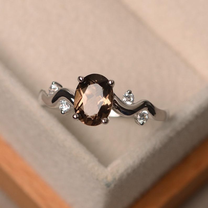 Smoky quartz ring sterling silver ring oval shape brown gemstone ring