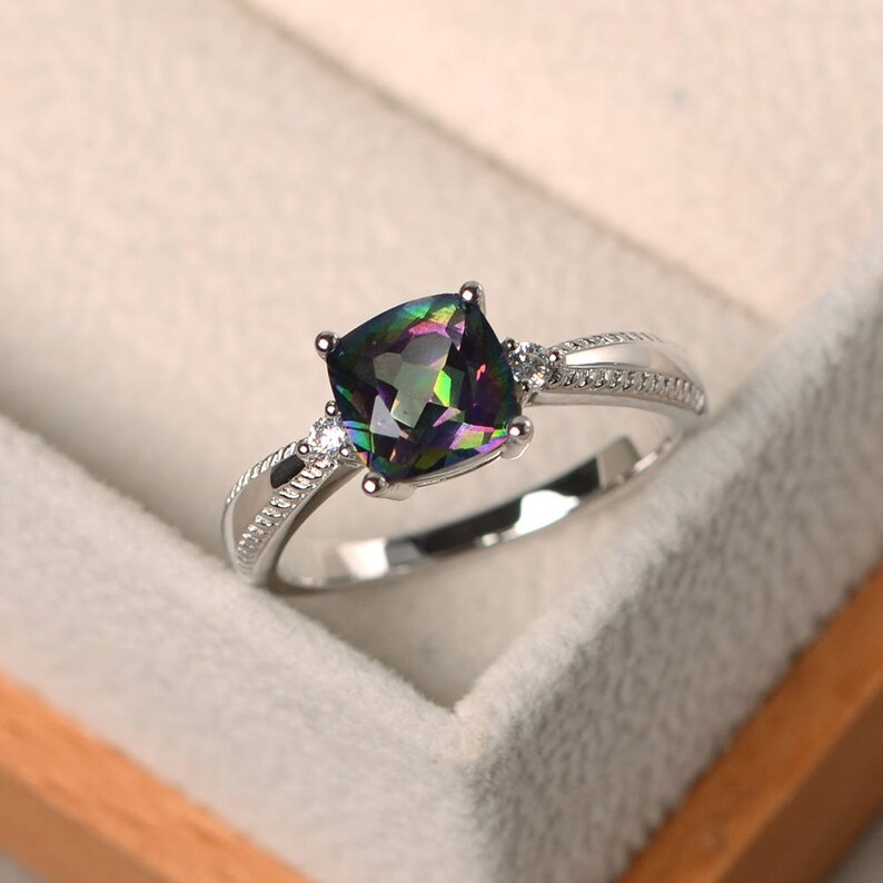 silver ring cushion cut rings Genuine mystic topaz rings rainbow topaz rings engagement rings