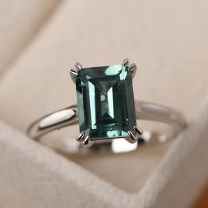 Minimalist green sapphire engagement ring, 14k white gold, emerald cut solitaire ring