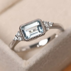 Emerald cut 5x7 mm aquamarine promise ring, sterling silver vintage bridal ring, March birthstone