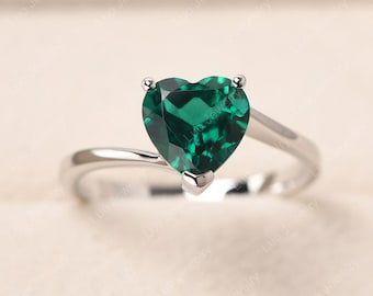 Delicate emerald engagement ring ,14k white gold minimalist ring, May birthstone