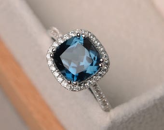 London blue topaz wedding ring, cushion cut blue gemstone halo ring, sterling silver, November birthstone