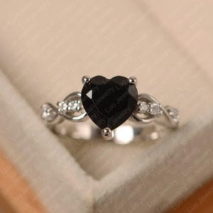 Black spinel ring, heart cut, black stone ring, sterling silver, engagement ring for women
