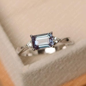 Lab alexandrite ring, color changling stone ring, emerald cut, June birthstone, sterling silver, engagement ring