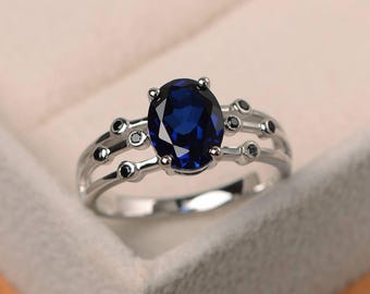 Sapphire ring, wedding ring, sterling silver ring,oval cut blue gemstone, September birthstone
