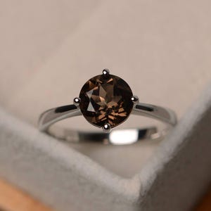 Solitaire ring, smoky quartz ring, round cut engagement ring silver