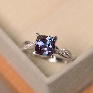 Cushion cut 7x7 mm alexandrite ring,sterling silver twist promise ring, June birthstone ring
