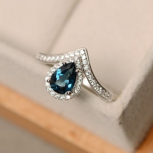 London blue topaz ring, pear cut topaz, sterling silver