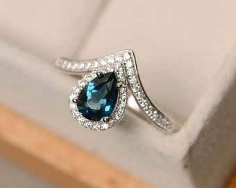 London blue topaz ring, pear cut topaz, sterling silver