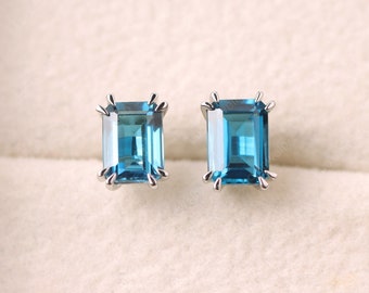 Delicate London blue topaz stud earrings, emerald cut 1.25 carats, blue stone earrings, sterling silver, November birthstone