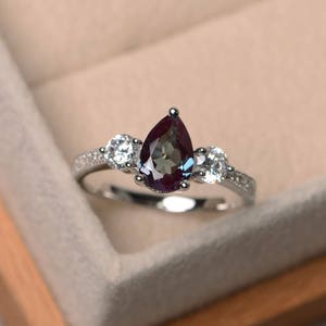 Alexandrite promise ring,pear cut, color change gemstone, solid sterling silver, three stone ring