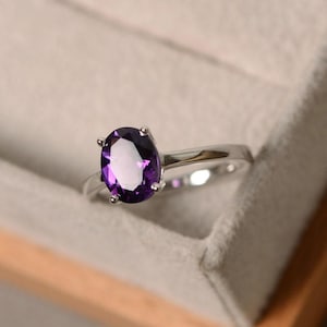 Purple amethyst ring, sterling silver, February birthstone ring, solitaire ring image 2