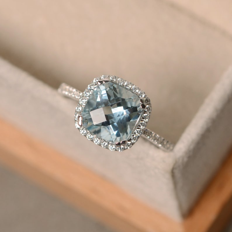 Aquamarine engagement ring cushion cut sterling silver Etsy