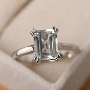 Emerald cut 7x9 mm, green amethyst proposal ring, sterling silver minimalist ring