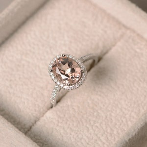 Natural morganite wedding ring, sterling silver, pink gemstone, vintage halo ring image 4