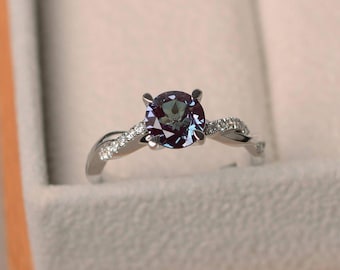 Infinity alexandrite ring, twist promise ring, June birthstone, round cut, color changing ring