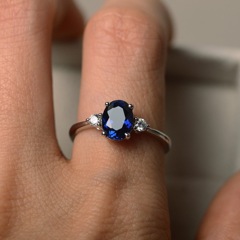 Sapphire engagement silver ring ,oval cut blue gemstone,gift for mom,September birthstone image 4