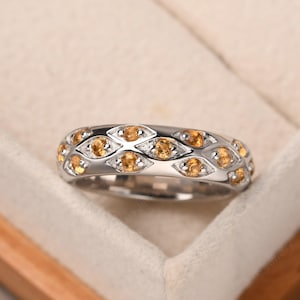 男性用結婚指輪、シトリンの重ね付けリング、スターリングシルバーのエタニティリング、11月の誕生石
