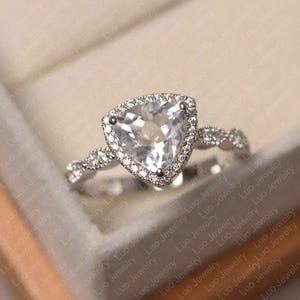 White topaz ring, trillion cut, simulated diamond ring, sterling silver engagement ring
