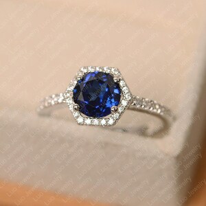 Sapphire ring, September birthstone ring, sterling silver, Hexagon Halo Engagement Ring