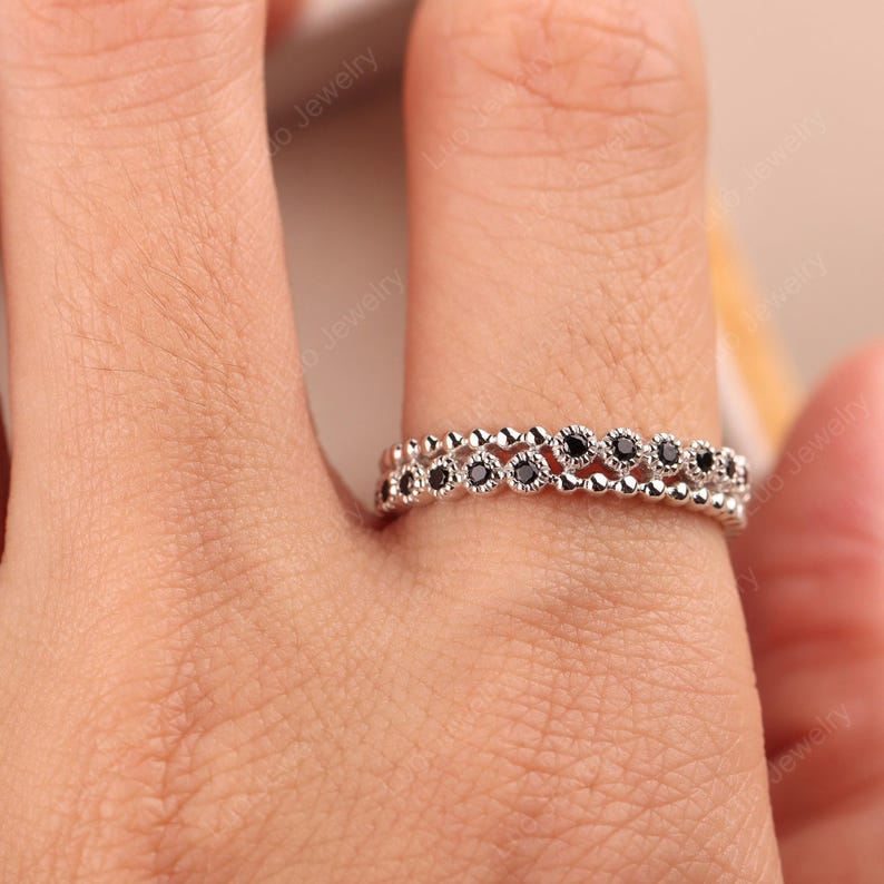 Vintage wedding band ring,sterling silver thin stacking ring,unique black spinel beaded band ring image 5