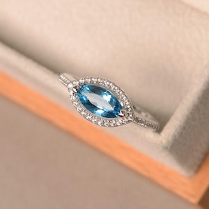 Swiss blue topaz ring, marquise cut blue gemstone, sterling silver ring