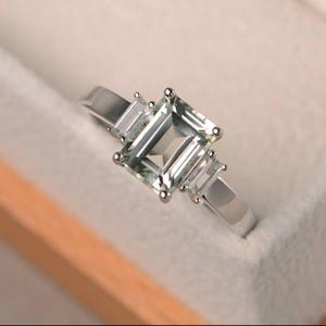 Wedding ring, natural green amethyst ring, emerald cut gemstone, sterling silver ring, three stones ring