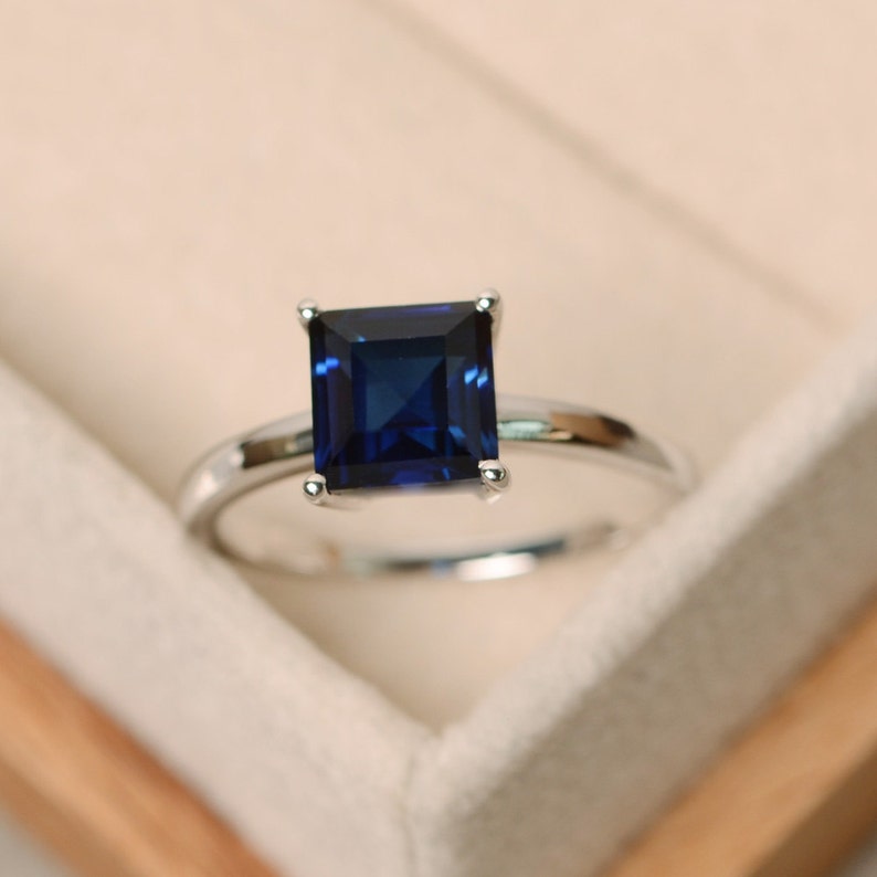 solitaire ring square ring Sapphire ring sterling silver blue sapphire ring