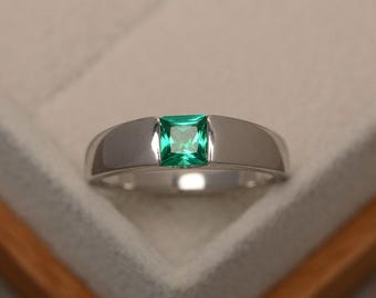 Emerald ring, engagement ring, green gemstone ring, solitaire ring, sterling silver, princess cut
