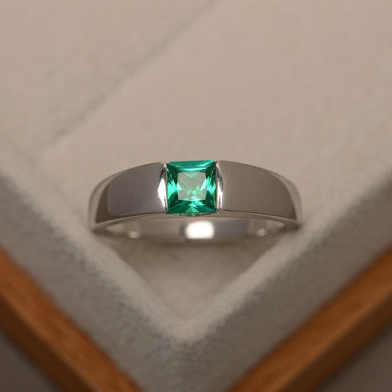 Emerald ring, engagement ring, green gemstone ring, solitaire ring, sterling silver, princess cut image 1
