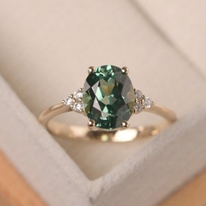 Delicate vintage engagement ring, green sapphire yellow gold ring, oval cut,anniversary gifts