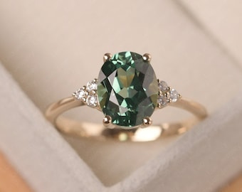 Delicate vintage engagement ring, green sapphire yellow gold ring, oval cut,anniversary gifts