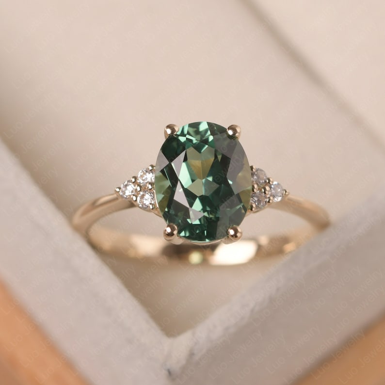 Delicate vintage engagement ring, green sapphire yellow gold ring, oval cut,anniversary gifts 