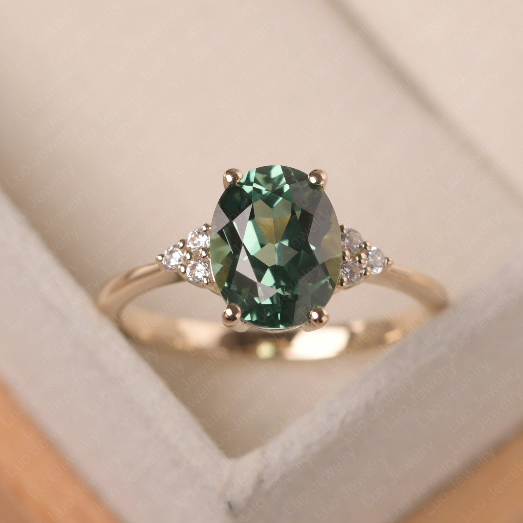 7 Carat Green Sapphire Ring w/ Diamonds 14K White Gold