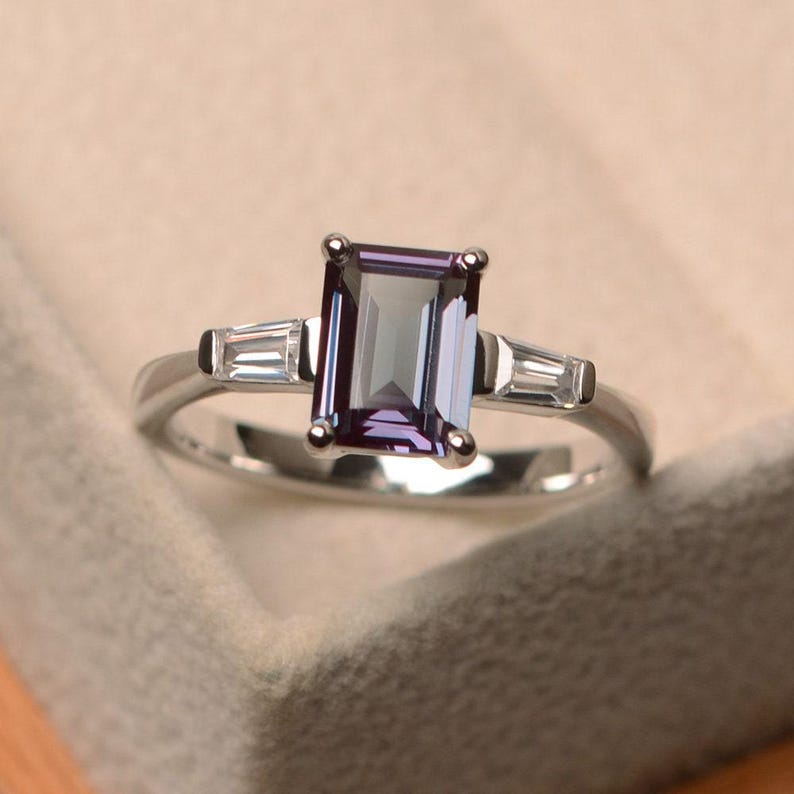 Lab alexandrite ring, wedding ring, emerald cut ,color changing gemstone, sterling silver, June birthstone image 1