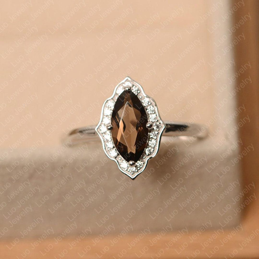 Smoky Quartz Ring, Marquise Cut, Brown Gemstone Ring, Silver 925