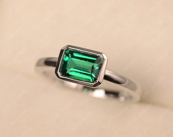 Emerald ring, May birthstone, sterling silver, emerald cut, solitaire engagement ring, east west ring