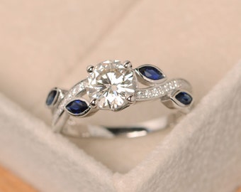 Moissanite engagement ring, leafs ring, sterling silver, round cut multi-stone ring