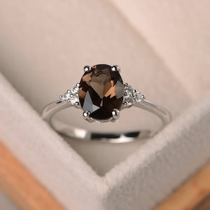 Oval smoky quartz ring, 14k white gold , oval shaped engagement ring, brown gemstone