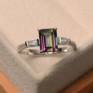 Mystic topaz ring, emerald cut rainbow gemstone, three stones ring, silver/gold ring, anniversary ring