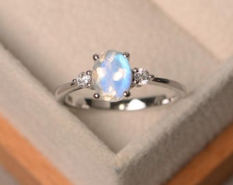Natural blue moonstone rings, engagement rings, June birthstone, oval cut rings, sterling silver ring