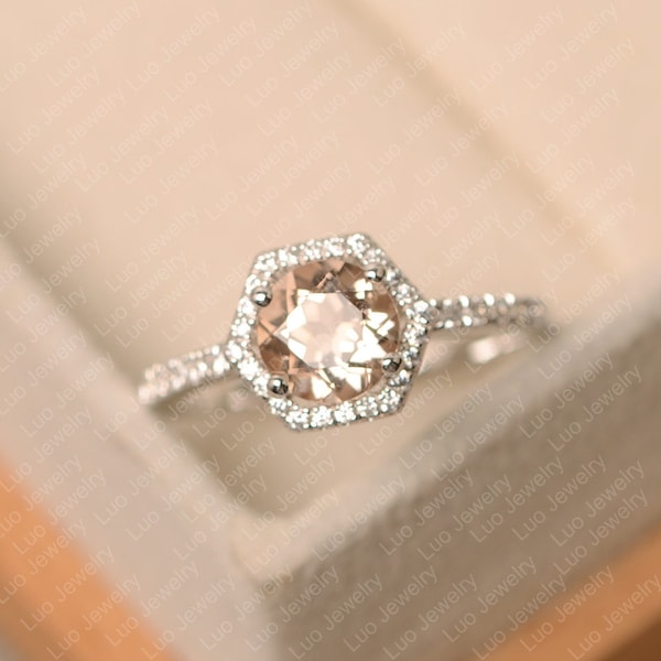 Morganite ring, sterling silver, Hexagon Halo Engagement Ring