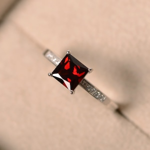 Natural garnet ring, princess cut garnet, garnet wedding ring, sterling silver, January birthstone, red gemstone