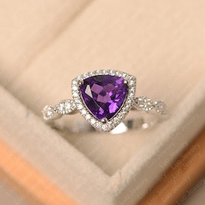 Natural amethyst trillion cut ring, purple gemstone ring, engagement wedding promise ring