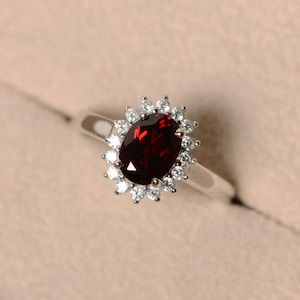 Garnet ring for women, halo garnet, engagement ring, January birthstone ring， oval cut image 1