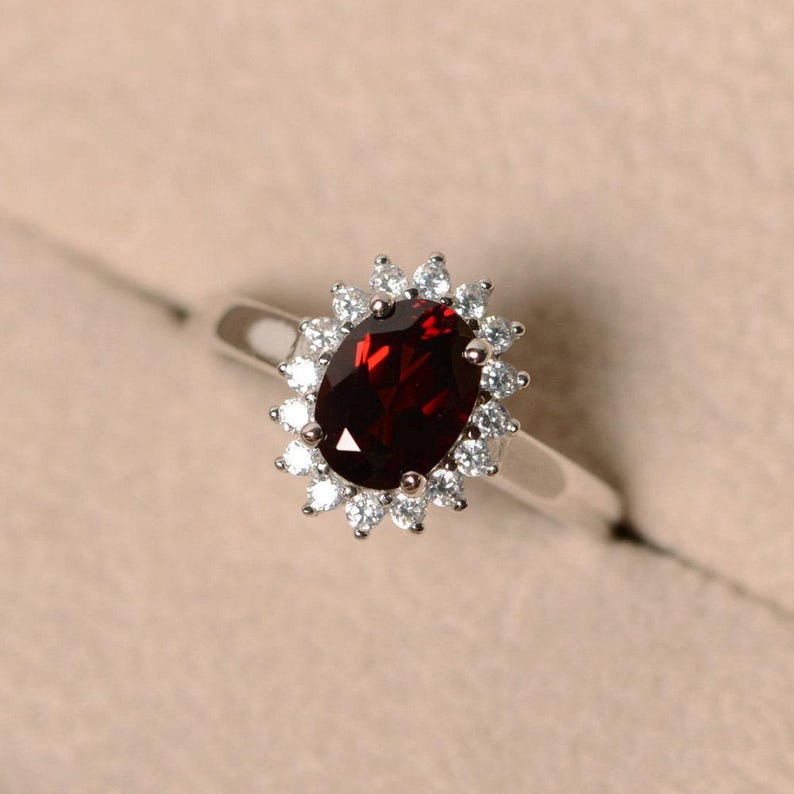 Garnet ring for women, halo garnet, engagement ring, January birthstone ring， oval cut image 1