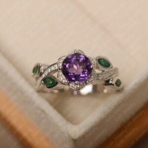 Amethyst ring, round cut, sterling silver, engagement ring, February birthstone ring