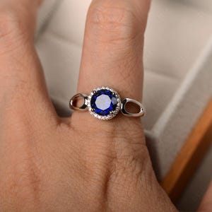 Blue sapphire rings, cocktail rings, September birthstone, round cut blue gemstone, silver rings, halo rings image 4