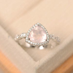 Pink quartz ring, trillion cut, promise wedding unniversary ring, sterling silver gemstone rings