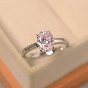 Solitaire pink cz ring,sterling silver ring,wedding ring,oval cut gemstone ring